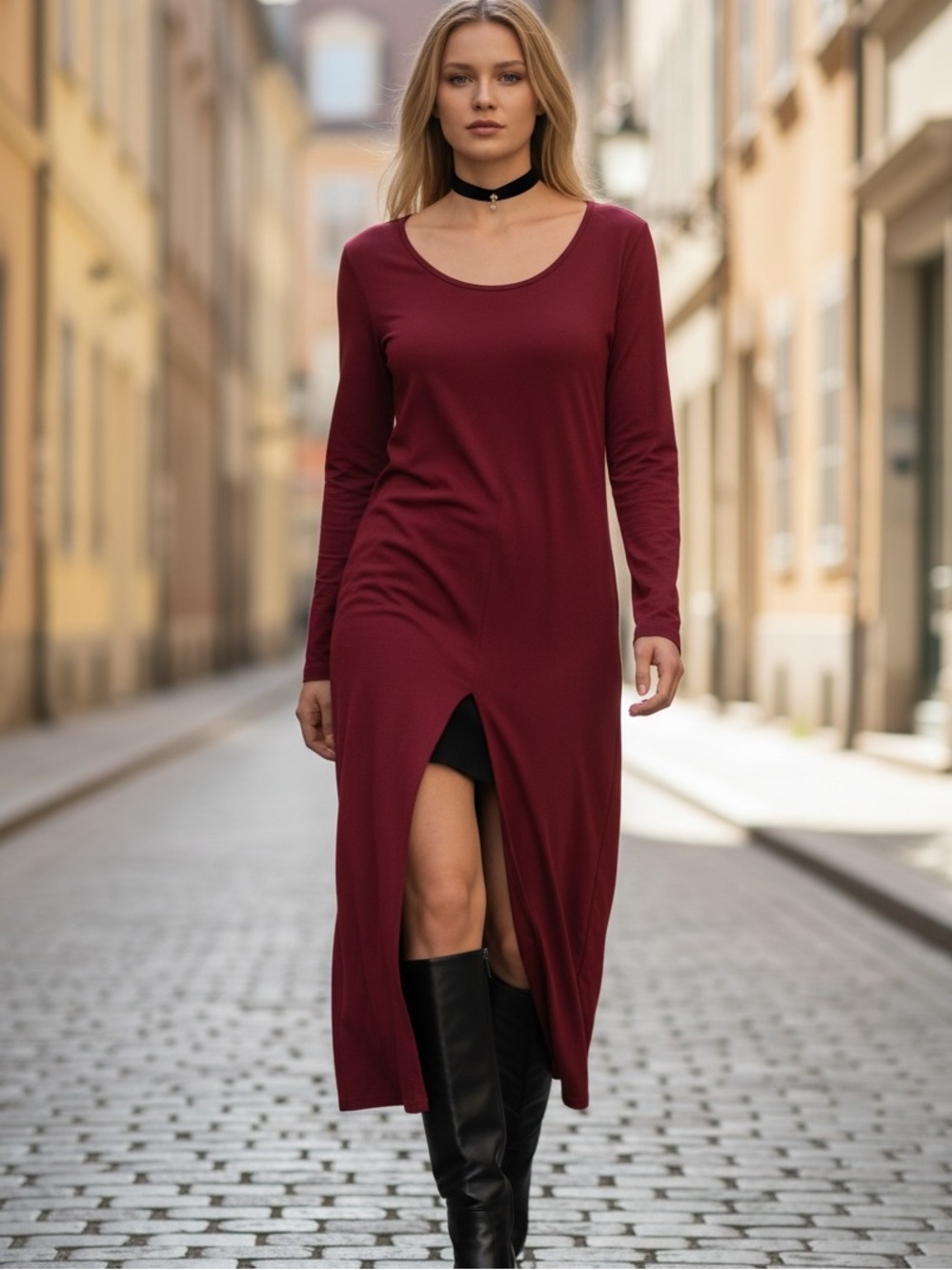 NWOT Roamans S/12 red slit hem scoop neck long sleeve tunic top